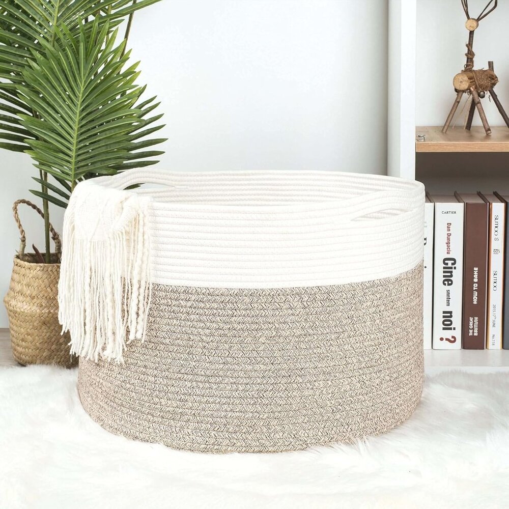 Extra Large 22 x 14in Decorative Blanket Basket for Living Room, Laundry Basket, - Picture 6 of 9